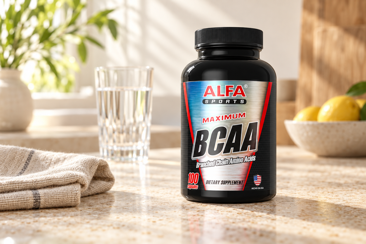 Maximum BCAA - Muscle Mass Builder - 100 capsules photographed in a warm natural setting