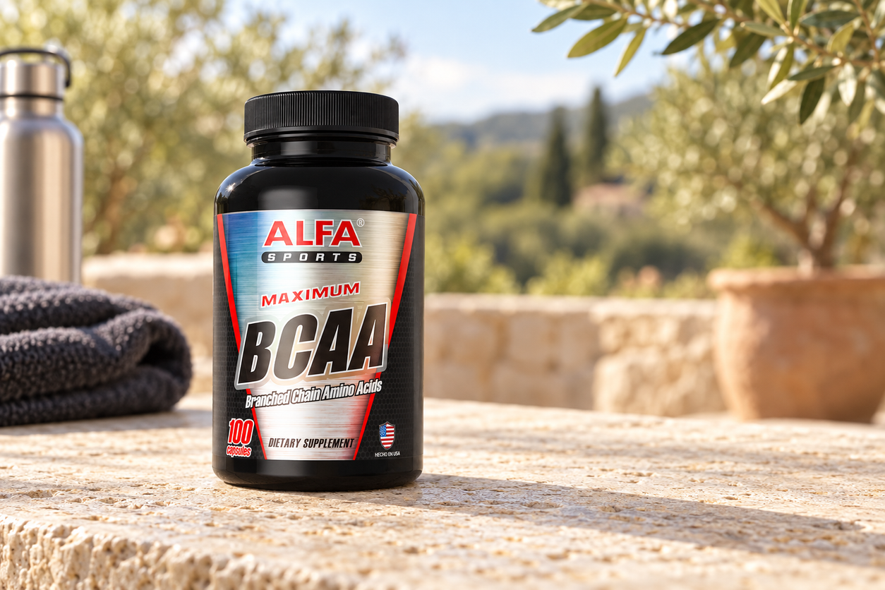 Maximum BCAA - Muscle Mass Builder - 100 capsules photographed in a warm natural setting