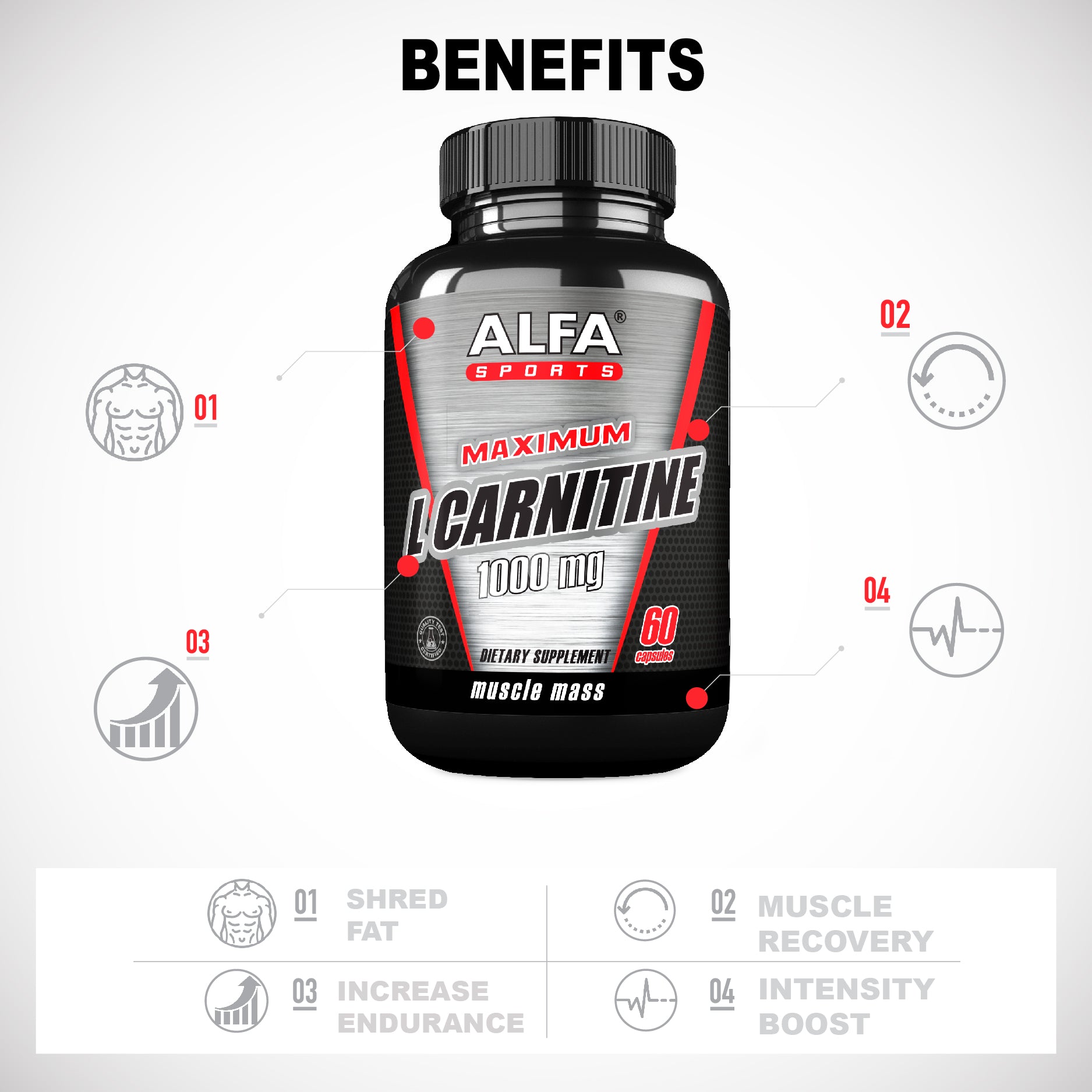 An image of a black and red container labeled Maximum L-Carnitine, dietary supplement, 60 tablets from Alfa Vitamins showcases benefits like fat shredding, muscle recovery, enhanced endurance, and intensity boost—icons are featured below the bottle.