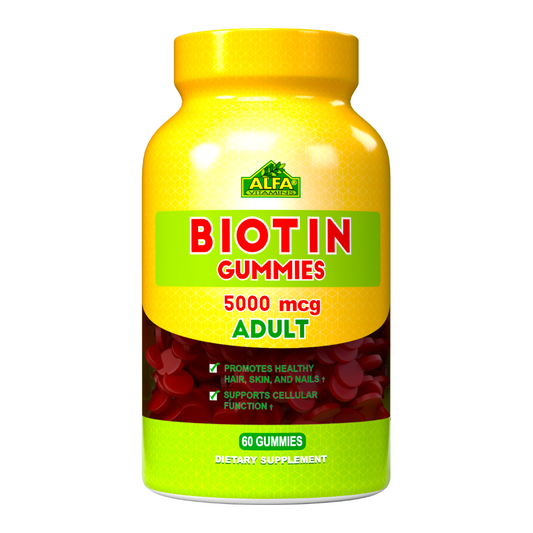 Alfa Vitamins Stores Biotin 5000mcg Adults – 60 Gummies promote hair growth, support healthy skin, strengthen nails, and boost cellular function with a delicious formula.