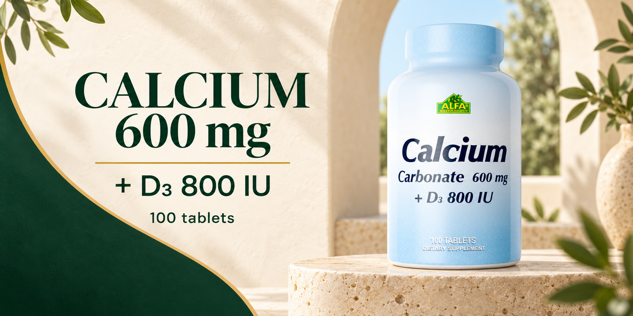 Alfa Vitamins Calcium Carbonate 600 mg plus Vitamin D3 800 IU, 100 tablets