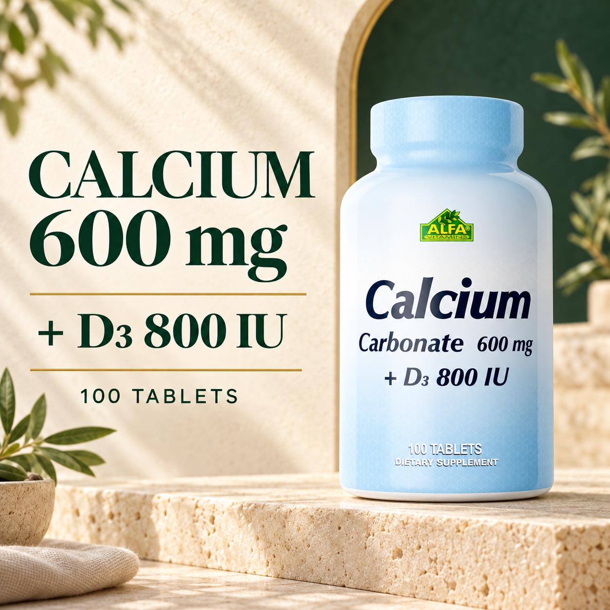 Alfa Vitamins Calcium Carbonate 600 mg plus Vitamin D3 800 IU, 100 tablets