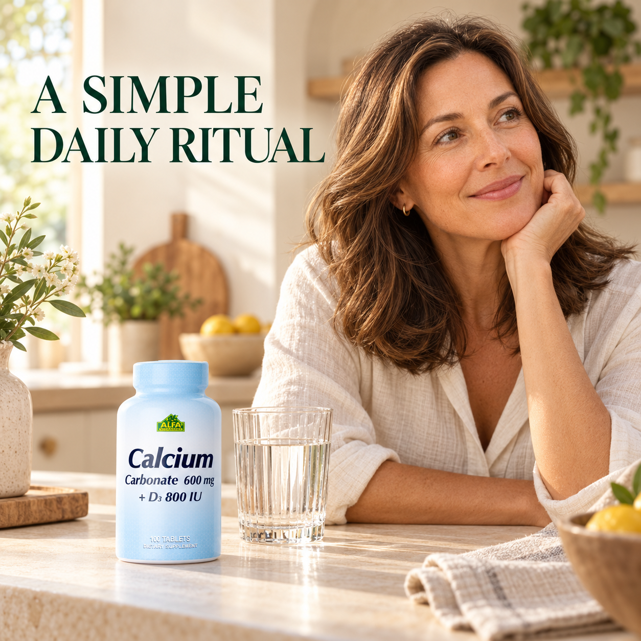 Alfa Vitamins Calcium 600 mg plus D3 800 IU in a morning routine setting