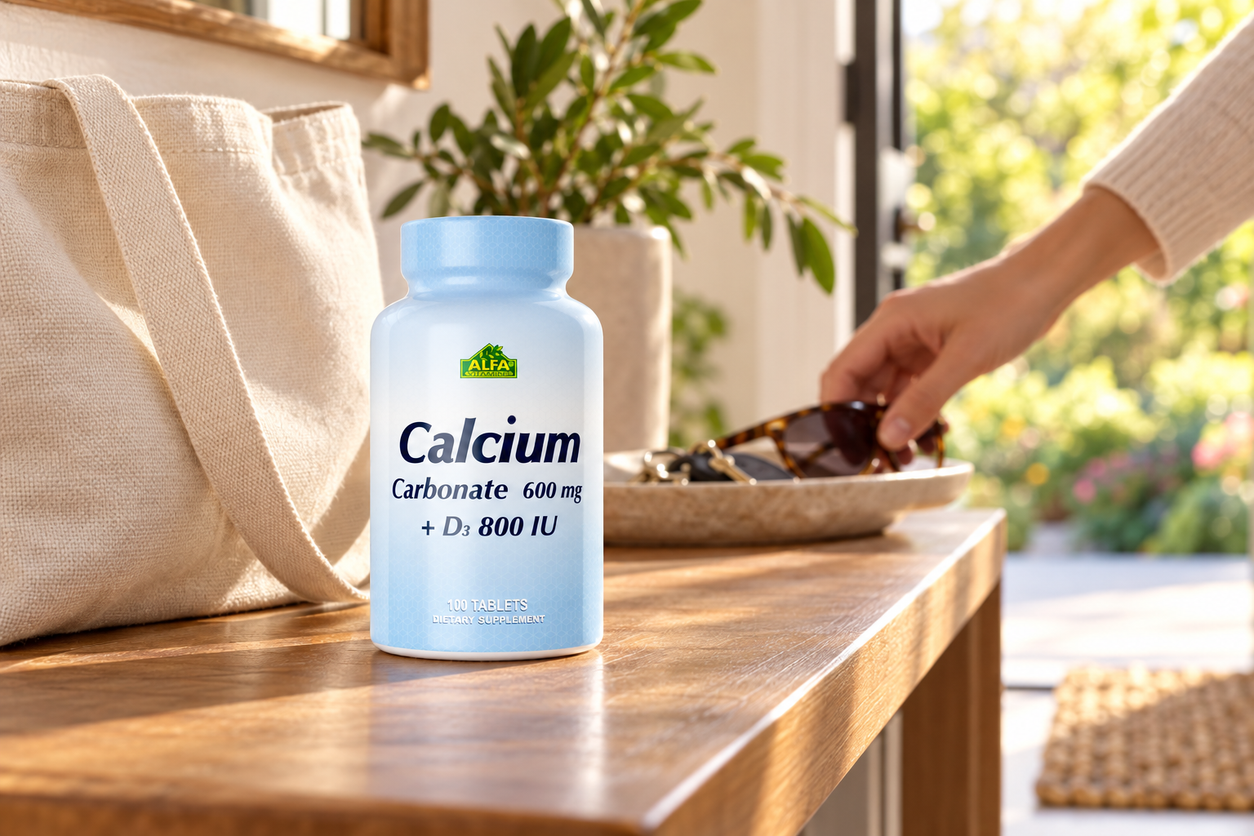 calcium bottle in a warm home entry setting