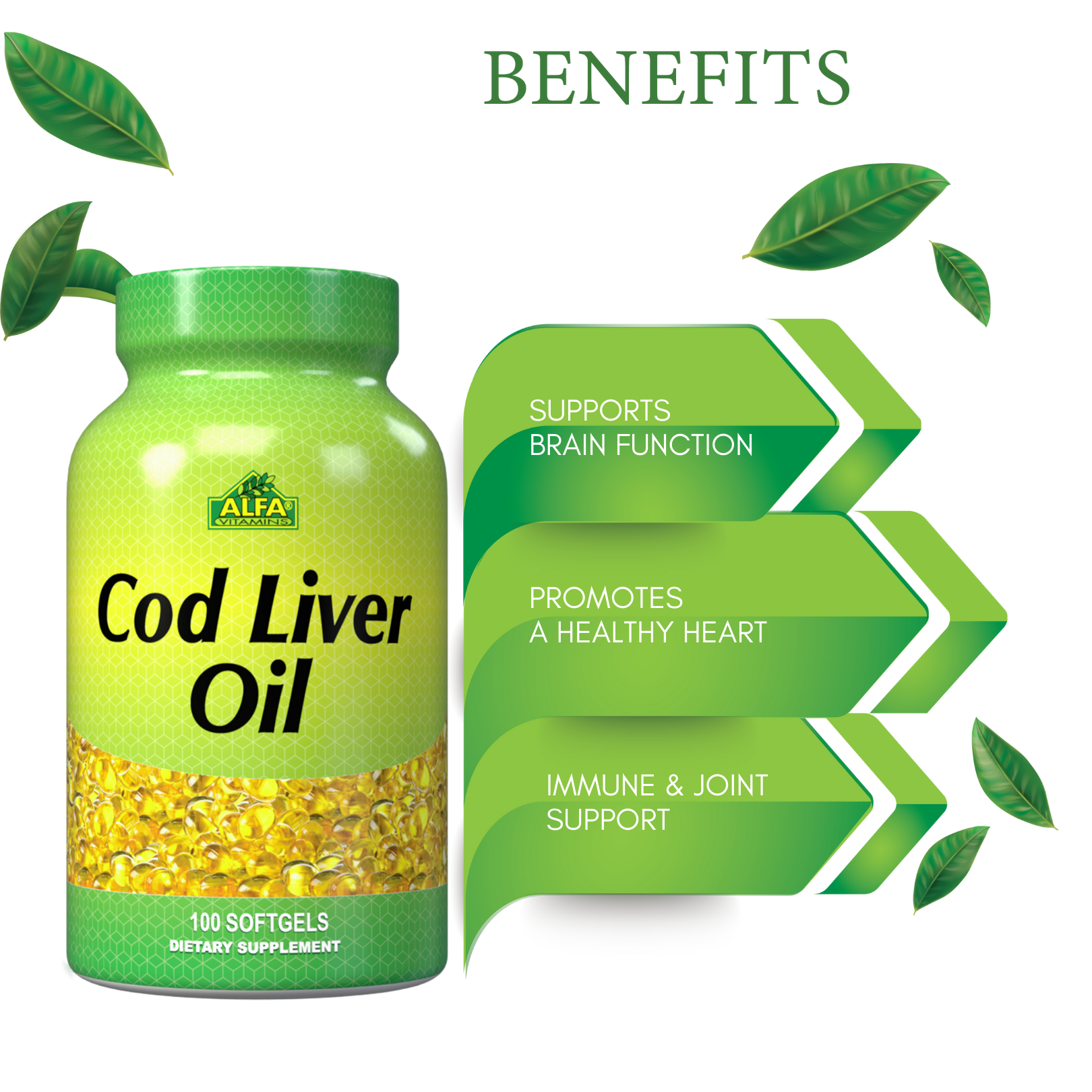 A bottle of Alfa Vitamins Cod Liver Oil - Fish Liver Oil 1250 IU - 100 softgels, rich in omega-3s, supports brain function, promotes a healthy heart, and provides immune and joint support. Green leaves complement this nourishing product.