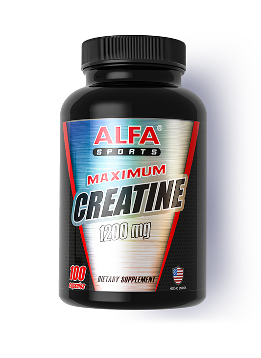 A black Alfa Vitamins container labeled Maximum Creatine 1200 mg features a metallic label design and includes 100 capsules. It supports muscle strength and protein synthesis, is marked as a dietary supplement, and displays an American flag symbol with Made in USA text at the bottom right.