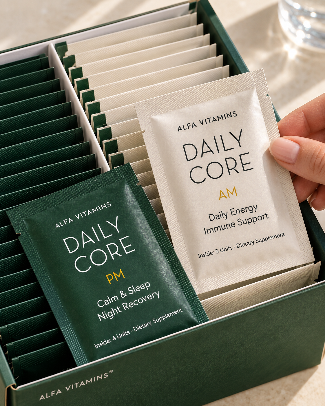 Close-up of Daily Core AM and PM sachets with a hand selecting the AM pack