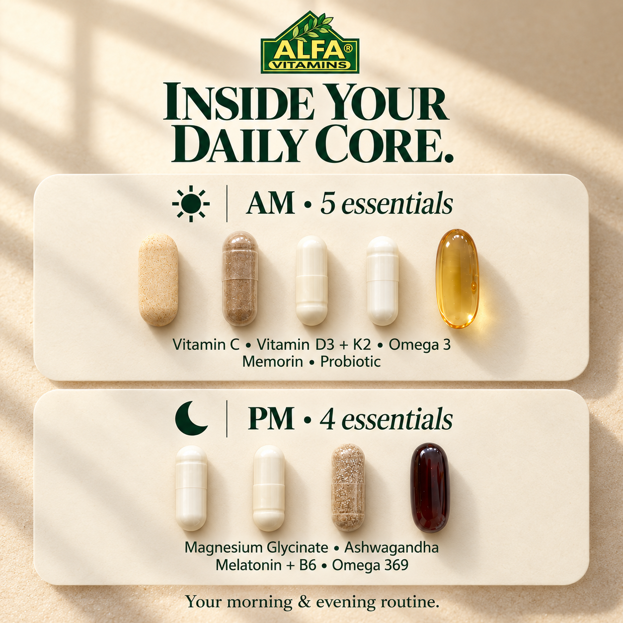 Inside Daily Core: five AM supplements and four PM supplements