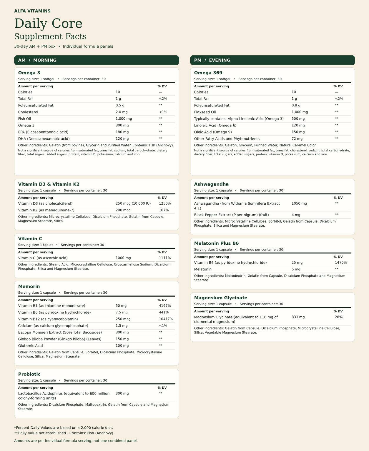 Daily Core AM and PM Supplement Facts — nine individual formulas