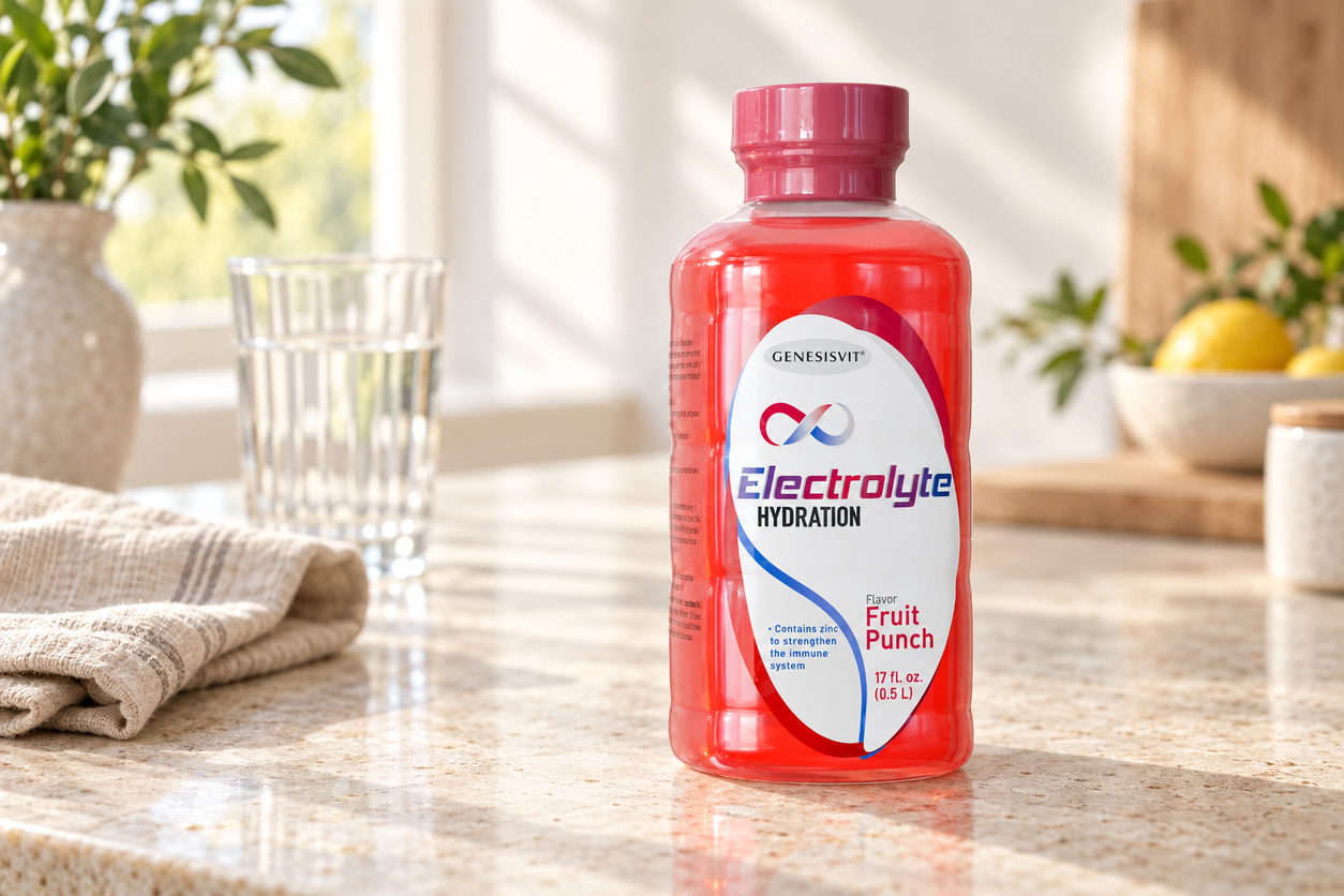 Genesisvit® Electrolyte Solution 16.9 fl oz each - 12 Pack (Fruit Punch) photographed in a warm natural setting — one bottle from the12-pack