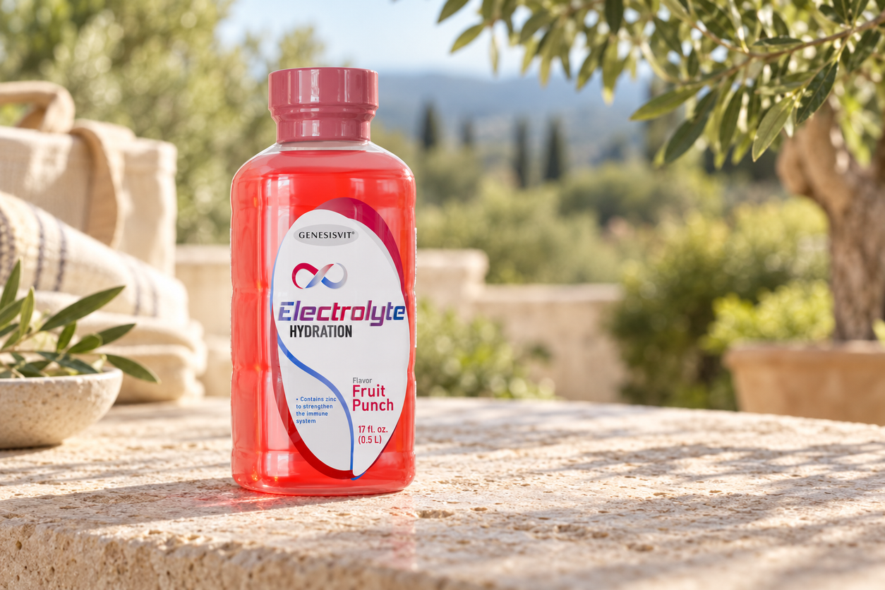 Genesisvit® Electrolyte Solution 16.9 fl oz each - 12 Pack (Fruit Punch) photographed in a warm natural setting — one bottle from the12-pack