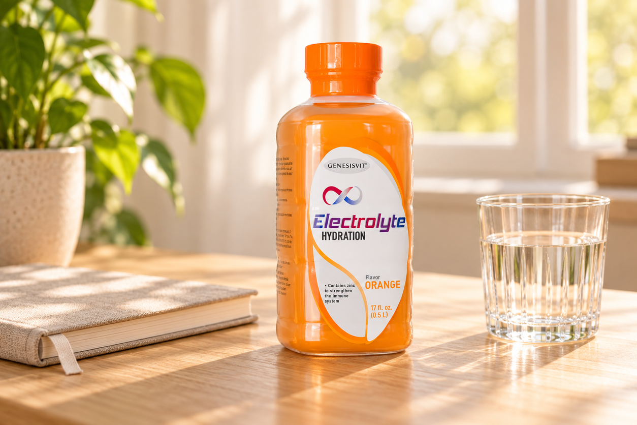 One Genesisvit Electrolyte Orange bottle from the twelve-pack on a light oak desk beside a notebook and water glass.