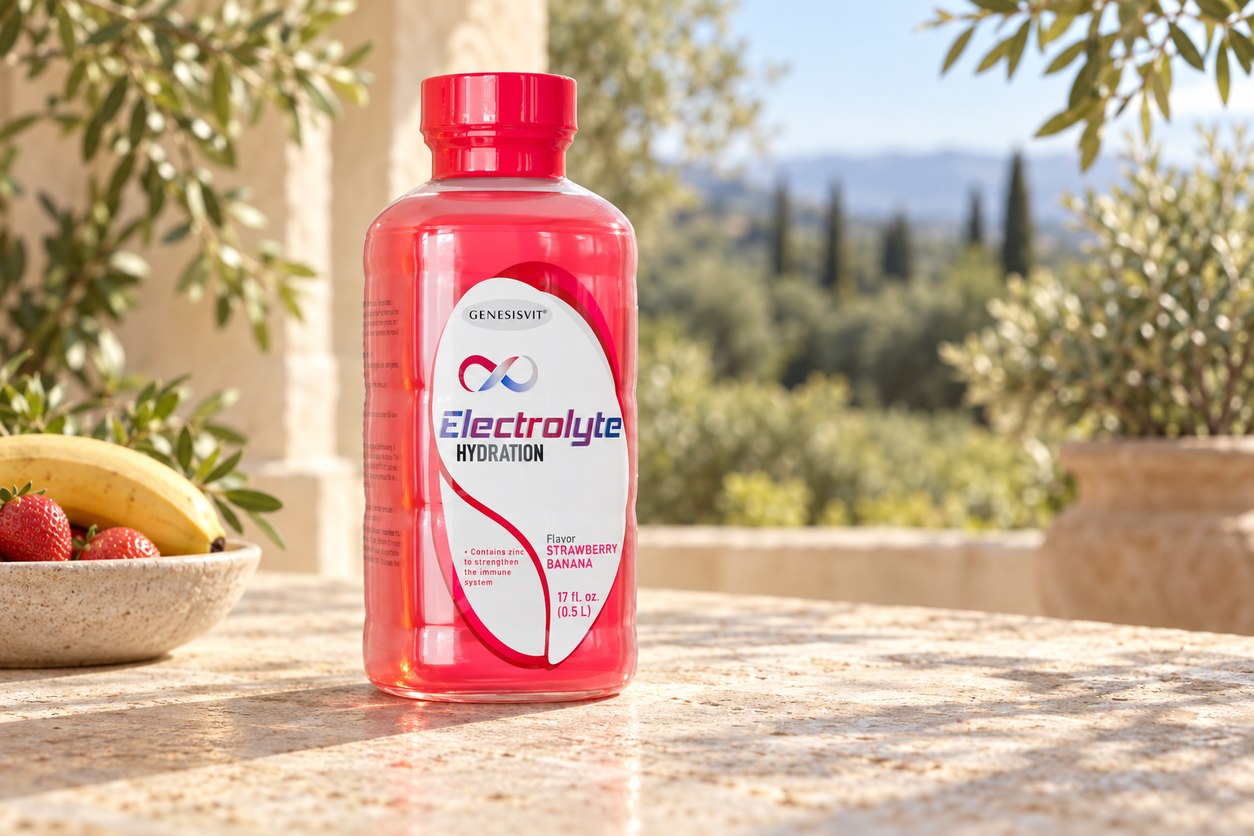 Genesisvit® Electrolyte Solution 16.9 fl oz each - 12 Pack (Strawberry/Banana) photographed in a warm natural setting — one bottle from the12-pack