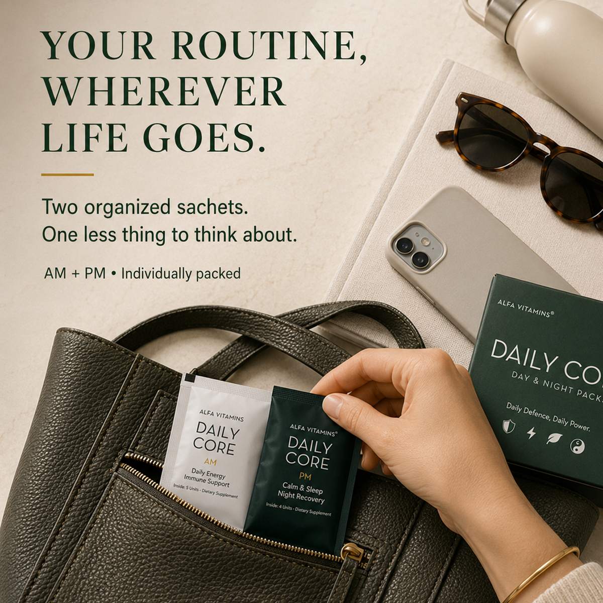 Daily Core individually packed sachets for travel