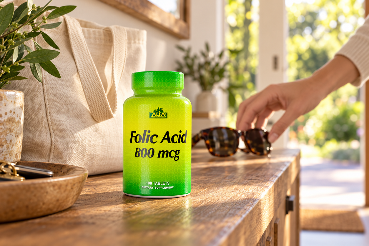 folic acid bottle in a warm home entry setting