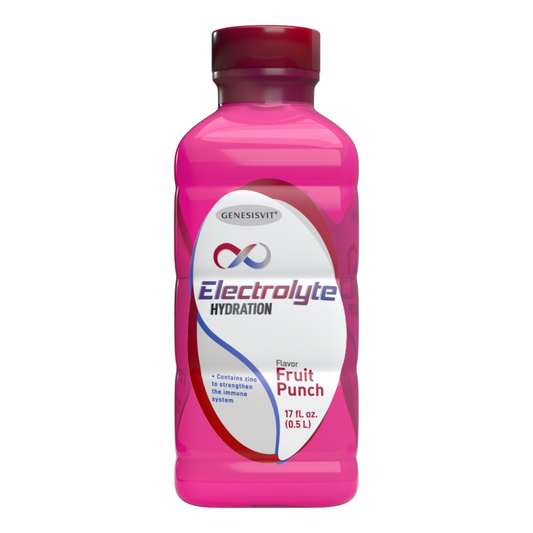 The Alfa Vitamins Stores Genesisvit® Electrolyte Solution, 16.9 fl oz each in a 12 Pack (Fruit Punch), features a vibrant pink label, modern design elements, and emphasizes added zinc for immune support and optimal hydration.