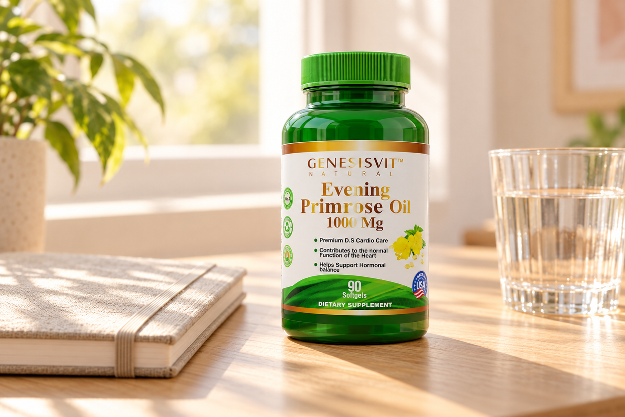Genesisvit Evening Primrose Oil 1000 mg - 90 Softgels package on a light oak desk beside a notebook and water glass.