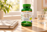 Genesisvit Evening Primrose Oil 1000 mg - 90 Softgels package on a light oak desk beside a notebook and water glass.