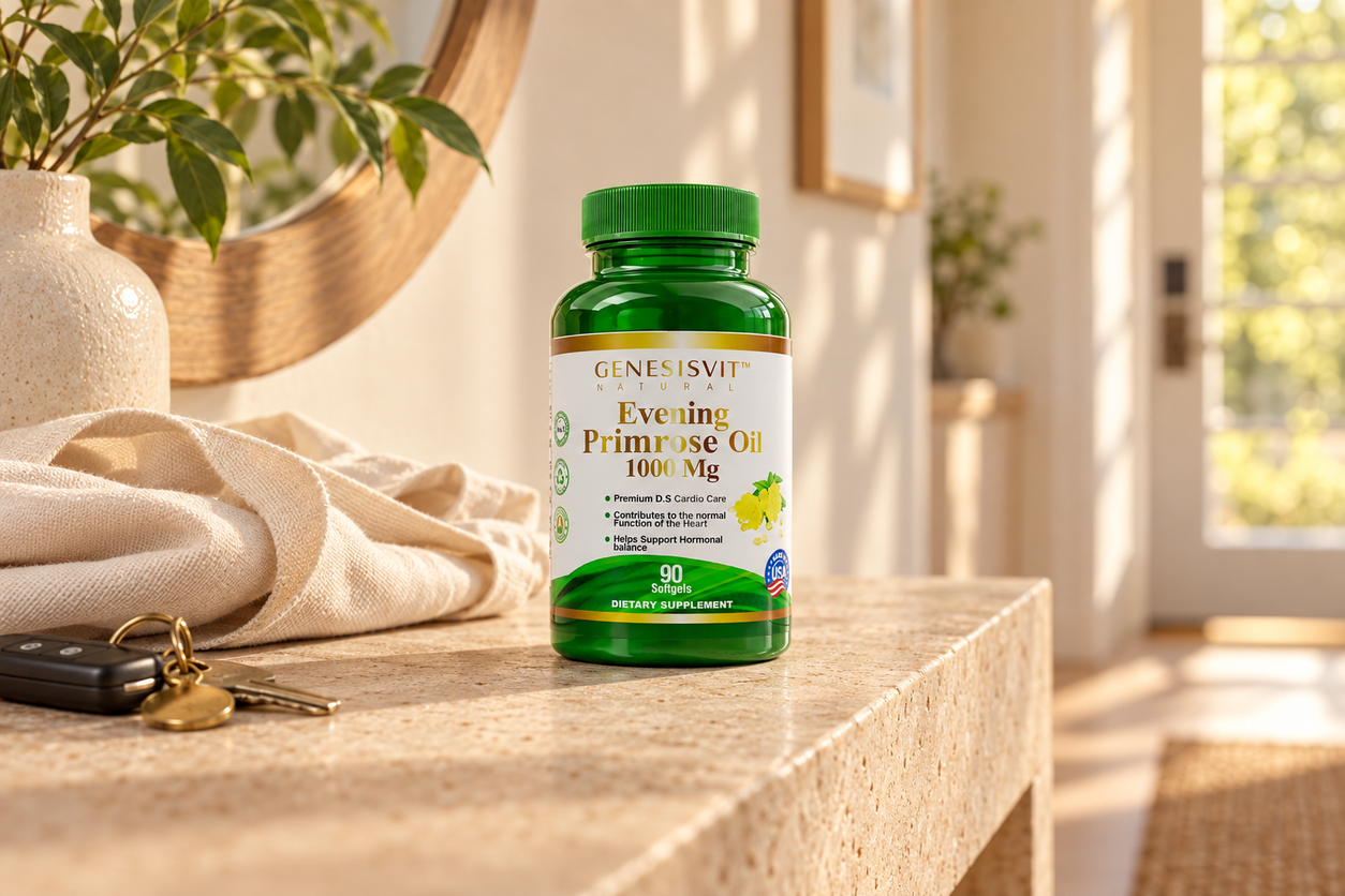 Genesisvit Evening Primrose Oil 1000 mg - 90 Softgels package on an entryway console beside a canvas tote.