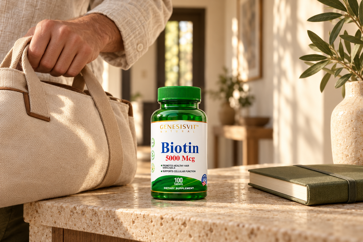 GenesisVit Biotin 100 tablets bottle in a natural everyday setting