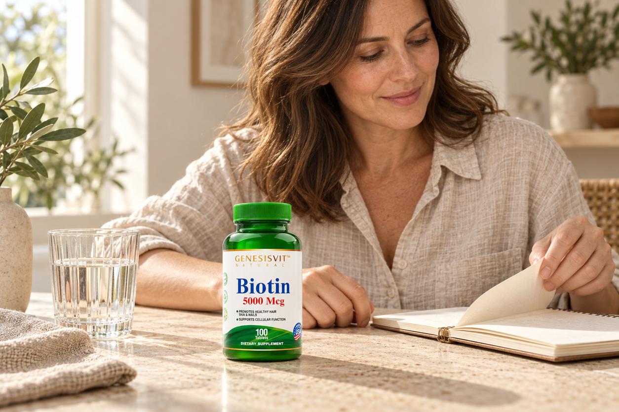 GenesisVit Biotin 100 tablets bottle in a sunlit home routine