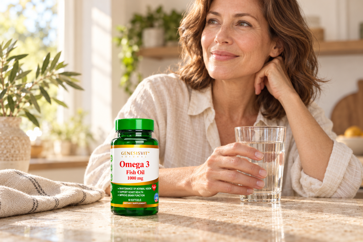 GenesisVit Omega 3 60 softgels bottle in a sunlit home routine