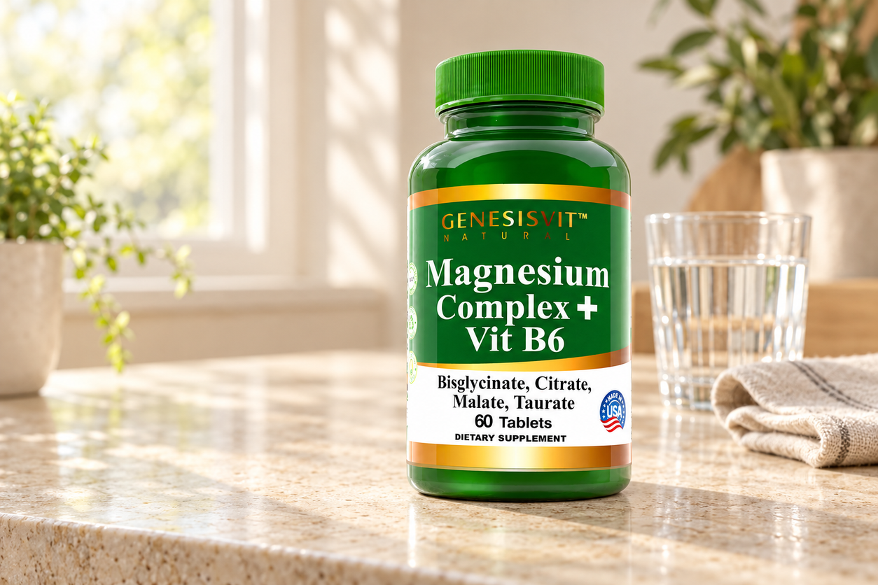 Genesisvit Magnesium Complex + Vitamin B6 - 60 Tablets photographed in a warm natural setting