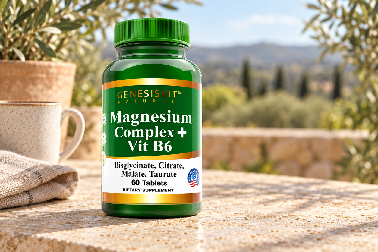 Genesisvit Magnesium Complex + Vitamin B6 - 60 Tablets photographed in a warm natural setting