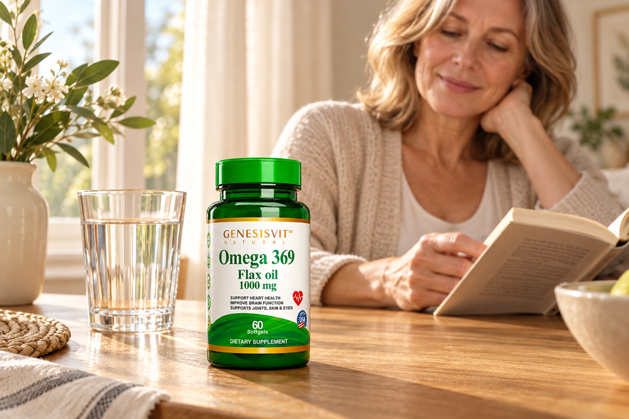 Genesisvit Omega 3-6-9 Flax Oil in a 60-softgel bottle — natural lifestyle photograph