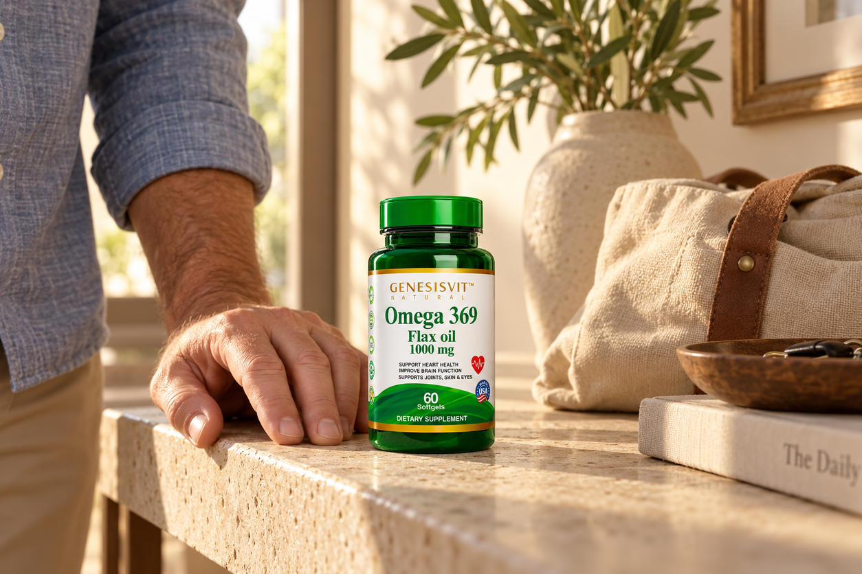 Genesisvit Omega 3-6-9 Flax Oil in a 60-softgel bottle — natural lifestyle photograph