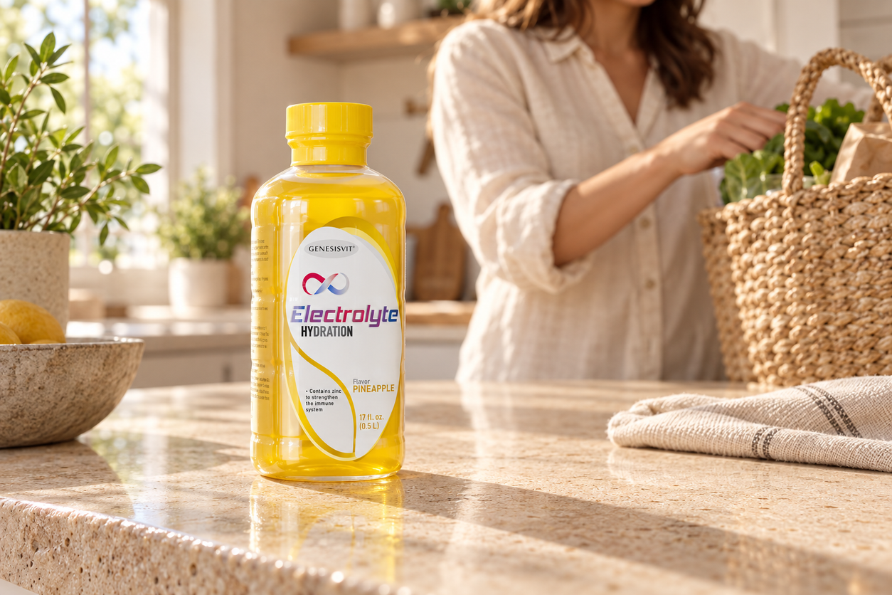 Genesisvit® Electrolyte Solution 16.9 fl oz each - 12 Pack (Pineapple) package in a naturally lit lifestyle scene