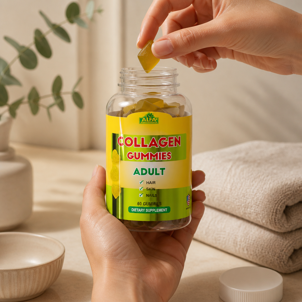 Beauty and healthy aging - collagen gummies on a vanity shelf