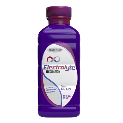 A purple bottle of Genesisvit® Electrolyte Solution from Alfa Vitamins Store, grape flavor, 16.9 fl oz, 12-pack, includes zinc for immune support with a colorful top logo, ideal for optimal rehydration.