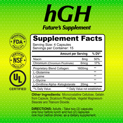 The label for Alfa Vitamins HGH - 60 capsules features FDA and NSF certified symbols, amino acids for muscle recovery, ingredients list, serving size instructions, and advises taking two capsules twice daily. The background is a green-yellow gradient with Futures Supplement text.