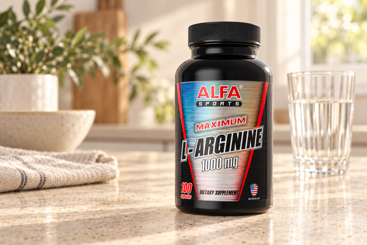 Maximum L Arginine 1000 mg - Muscle Builder - 100 capsules photographed in a warm natural setting