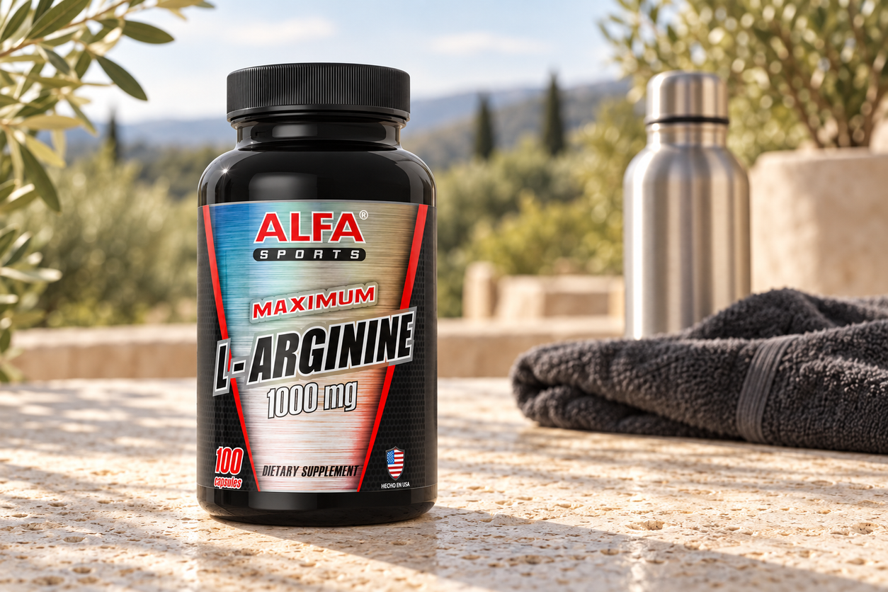 Maximum L Arginine 1000 mg - Muscle Builder - 100 capsules photographed in a warm natural setting