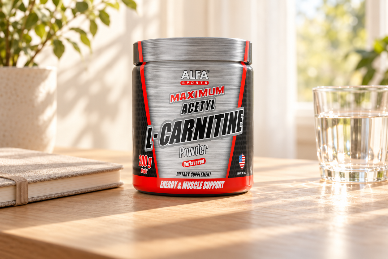 L-Carnitine 3000 mg Powder - Unflavored - 200 g package on a light oak desk beside a notebook and water glass.