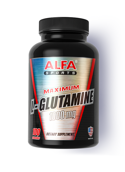 Alfa Vitamins Maximum L-Glutamine 1000 mg offers 100 capsules in a black bottle. It supports immune function, featuring a silver, red, and blue design with a small American flag at the bottom right.