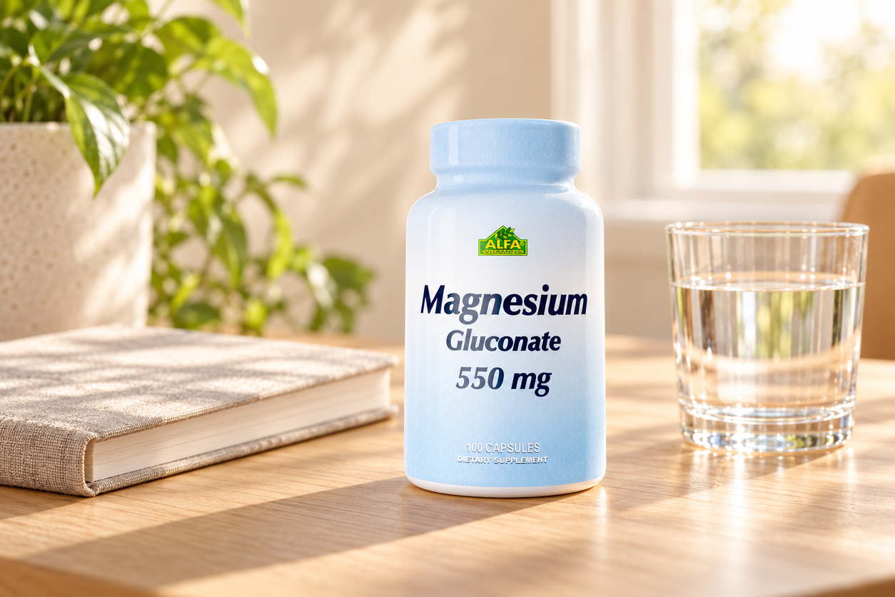 Magnesium Gluconate 550 mg (30 mg Elemental Magnesium) - 100 Capsules package on a light oak desk beside a notebook and water glass.