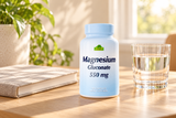 Magnesium Gluconate 550 mg (30 mg Elemental Magnesium) - 100 Capsules package on a light oak desk beside a notebook and water glass.