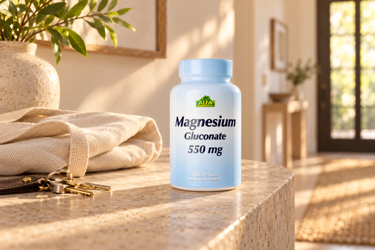 Magnesium Gluconate 550 mg (30 mg Elemental Magnesium) - 100 Capsules package on an entryway console beside a canvas tote.