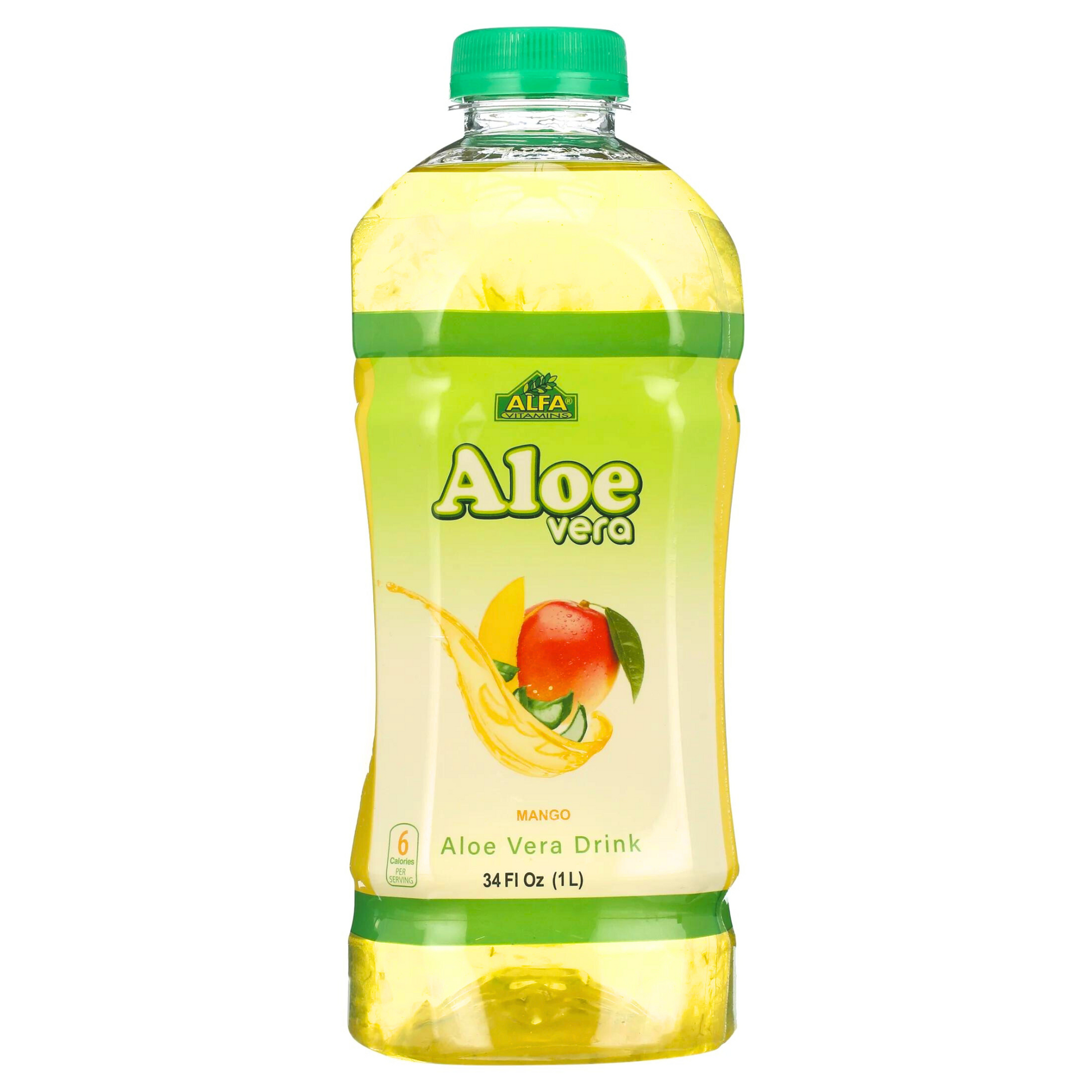 Enjoy the fresh taste of Alfa Vitamins Aloe Vera Drink-Mango, a superfood elixir in a 34 fl oz (1L) bottle featuring vibrant mangoes and aloe vera leaves, sealed with a green cap for lasting freshness.