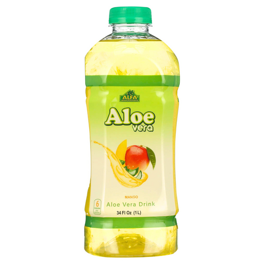 Enjoy the fresh taste of Alfa Vitamins Aloe Vera Drink-Mango, a superfood elixir in a 34 fl oz (1L) bottle featuring vibrant mangoes and aloe vera leaves, sealed with a green cap for lasting freshness.