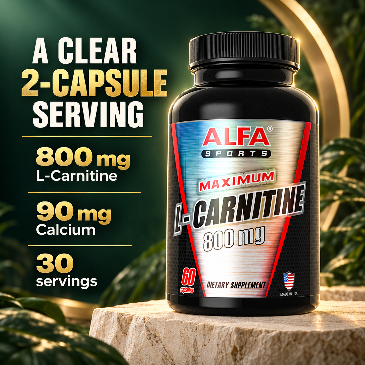 Maximum L-Carnitine 800 mg formula with 90 mg calcium per two-capsule serving.
