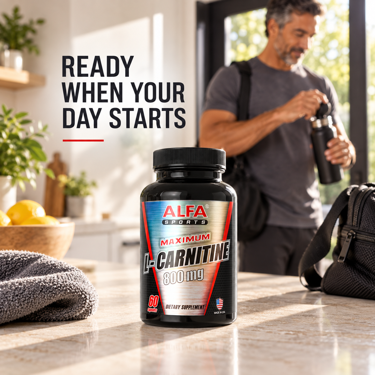 Maximum L-Carnitine bottle in a realistic day-start routine.