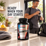 Maximum L-Carnitine bottle in a realistic day-start routine.