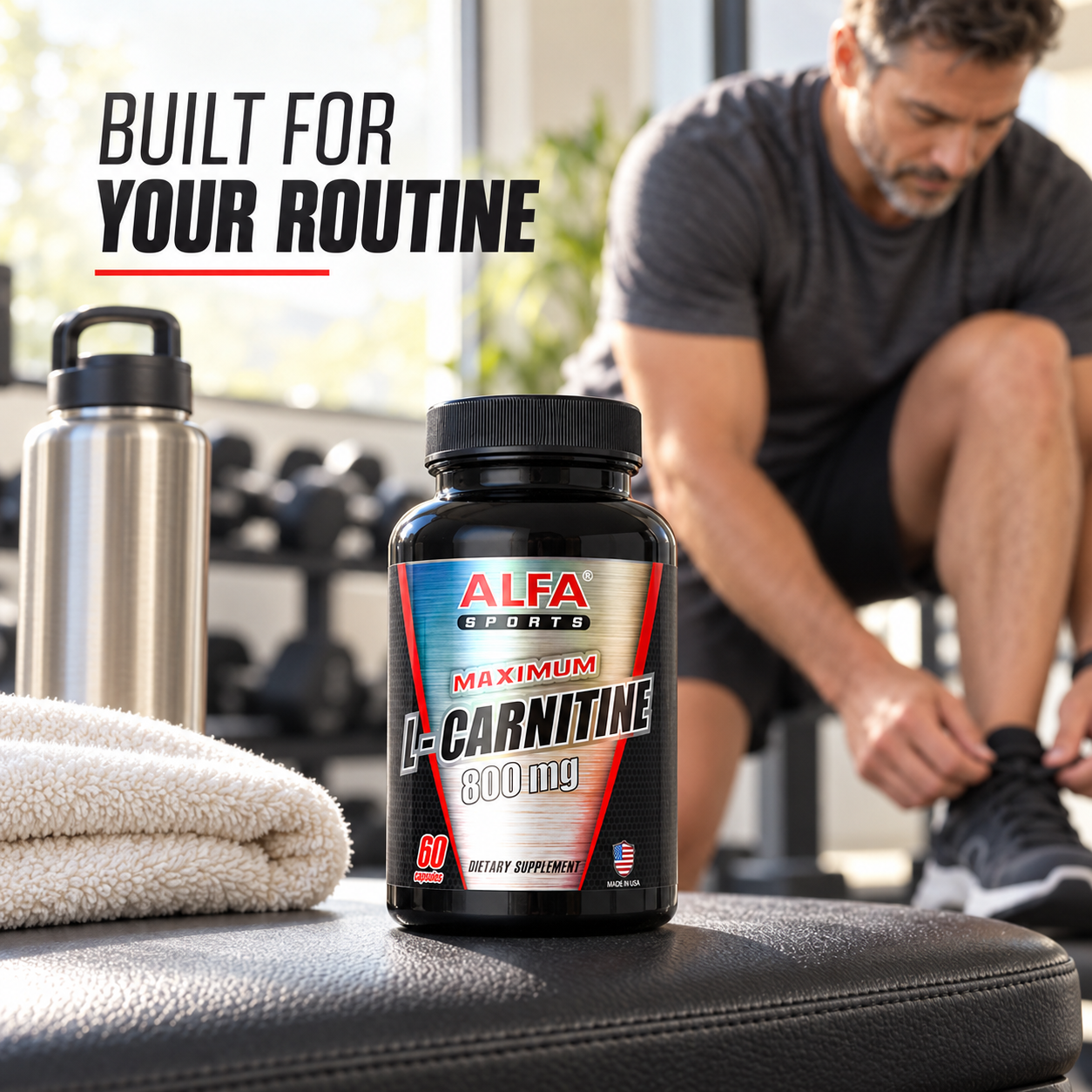 Maximum L-Carnitine bottle in a realistic home-gym routine.