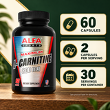 Maximum L-Carnitine bottle with 60 capsules, two capsules per serving, and 30 servings.