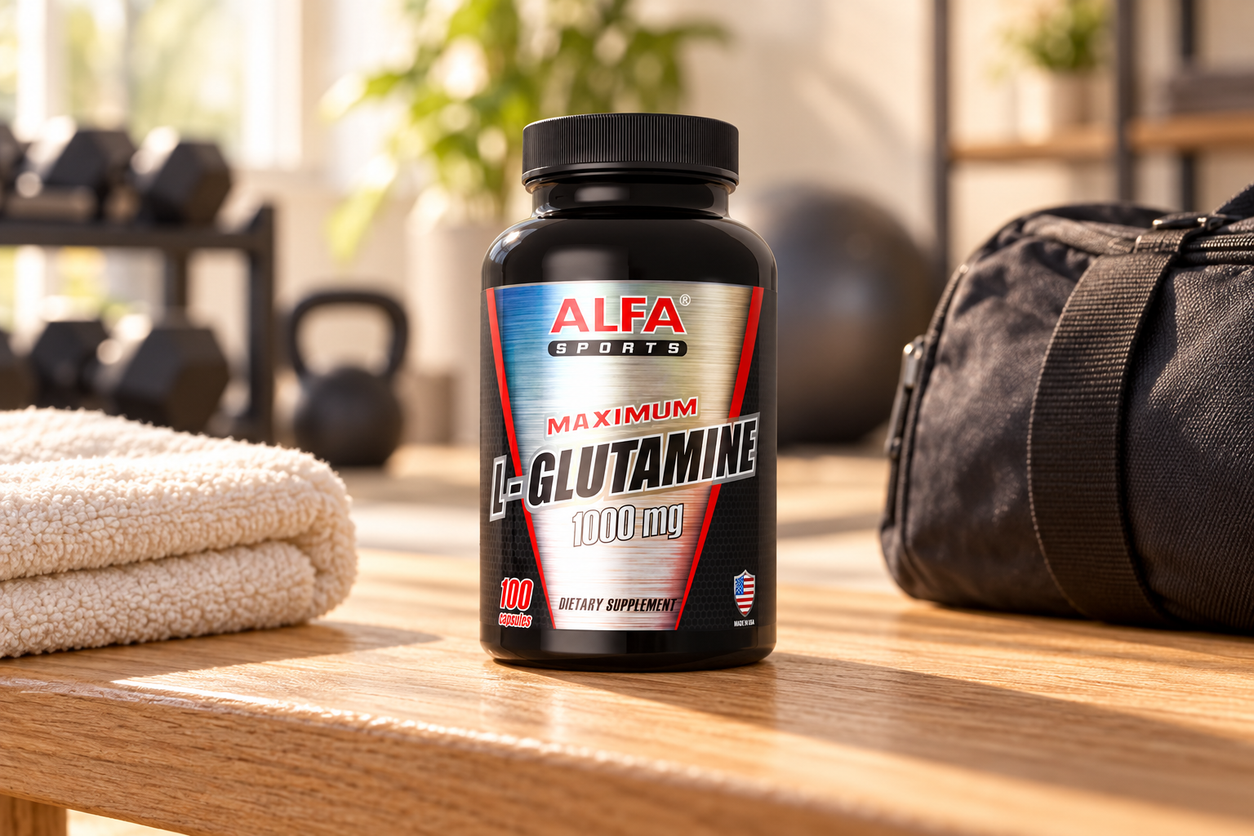 Alfa Sports Maximum L-Glutamine 1000 mg bottle, 100 capsules on a bench beside a folded towel and closed gym bag.