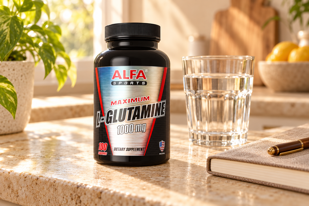 Alfa Sports Maximum L-Glutamine 1000 mg bottle, 100 capsules on a kitchen counter beside a water glass and notebook.